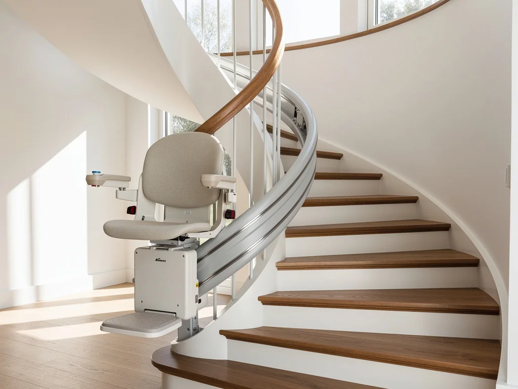 Rail courbe d'un monte-escalier épousant un escalier tournant en bois